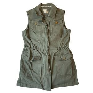 A.n.a Women Vest Size M Olive Utility Full Zip Button Sleeveless Cotton Pockets